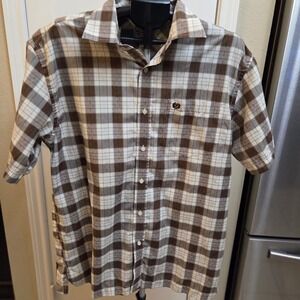 Phat Farm Mens Short Sleeve Plaid Button Down Shirt Brown Tan XL